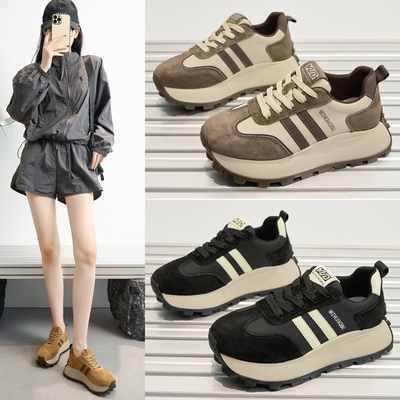 真皮华夫阿甘鞋女春秋轻便百搭德训鞋内增高老爹鞋厚底运动休闲鞋