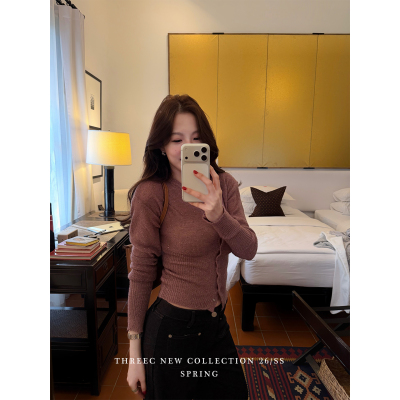 三喜threec【闪钻针织】紧身单排扣内搭针织衫修身短款开衫外套女