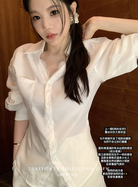 三喜threec “职场约会都好穿”设计感宽松白色蕾丝雪纺衬衫上衣