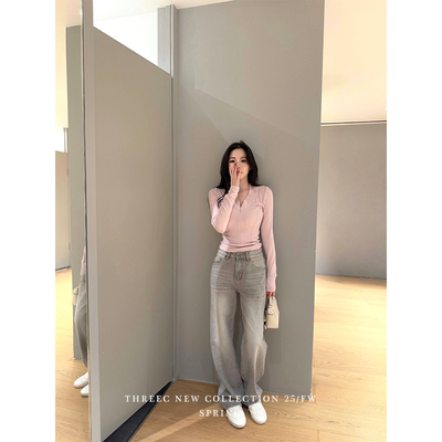 三喜threec 高定染/水洗白复古浅灰色牛仔裤女春秋宽松直筒长裤