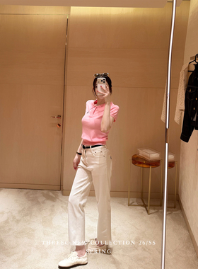 三喜threec 棉+莱塞尔 超柔软好穿 白色高腰直筒拉夫牛仔裤长裤女