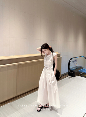 三喜threec纯棉好版型“爽朗的飘逸感”白色阔腿裤宽松直筒休闲裤