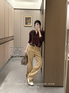 三喜threec“热奶茶”法式定染加绒牛仔裤女秋冬百搭直筒休闲长裤