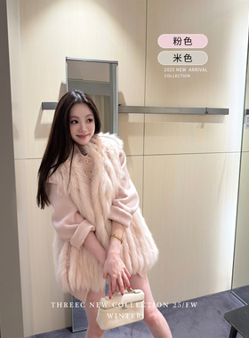 三喜threec 多种穿法saga进口狐狸毛皮草外套羊毛双面呢大衣女冬