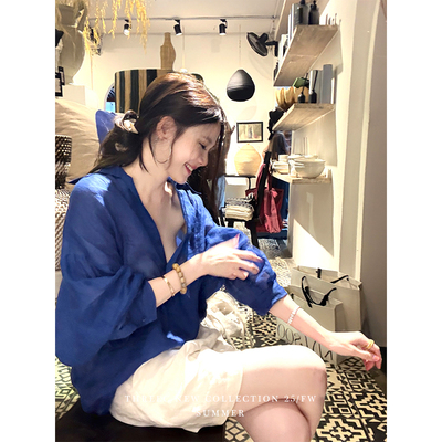 三喜threec 原创设计100%苎麻慵懒大衬衣女宽松长袖防晒衬衫上衣