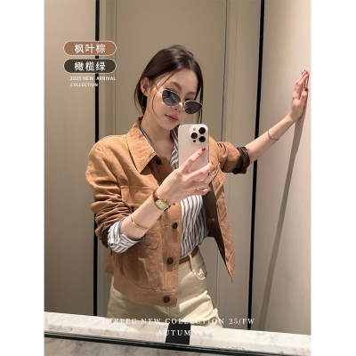 三喜threec “巴塞知秋”100%亚麻拼皮亚麻复古老钱夹克外套女秋