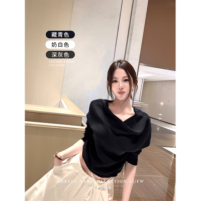 三喜threec “come with me”设计感荡领/斜肩两穿法羊毛针织衫女