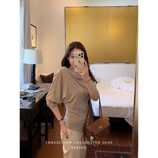 三喜threec 复古含亚麻针织T恤女2026新款宽松百搭斜肩针织衫上衣