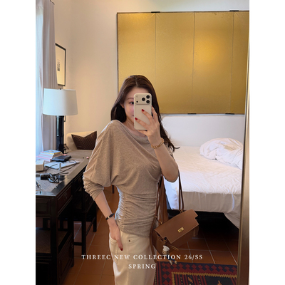 三喜threec 复古含亚麻针织T恤女2026新款宽松百搭斜肩针织衫上衣