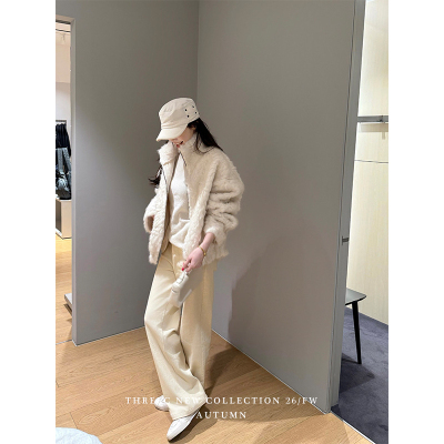 三喜threec 私服时髦姐*法式设计感拉毛立领外套女秋冬毛毛外套