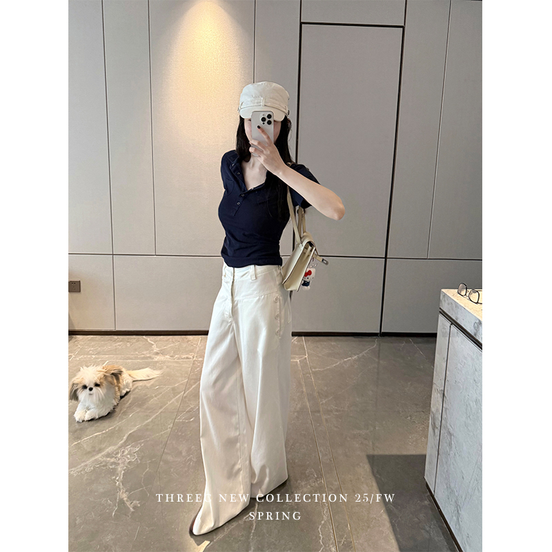 三喜threec白色设计师阔腿垂垂裤