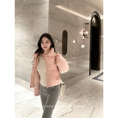 三喜threec 拉夫正肩粉色刺绣短款羽绒服女冬加厚保暖小个子外套