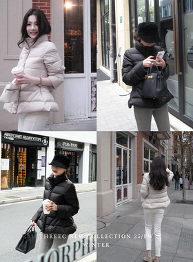 三喜threec“冬日穿搭”小翘摆合身90白鸭绒羽绒服女冬季保暖外套