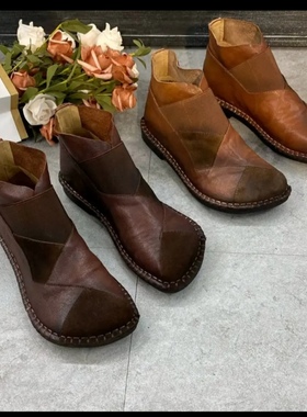 8988-58圆头秋季一脚蹬平跟女鞋做旧复古百搭文艺软底短靴