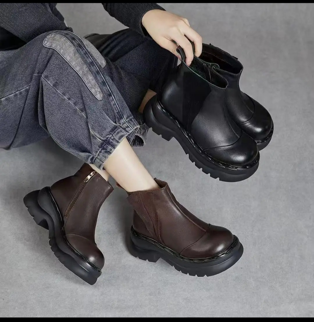 25861-2秋冬季复古牛皮松糕厚底圆头舒适百搭休闲加绒女士马丁靴