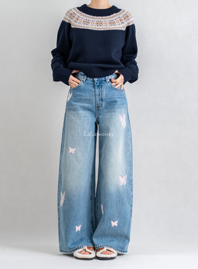 lalamoney.春季新款蝴蝶手工刺绣水洗牛仔直筒裤高腰显瘦弯刀裤子
