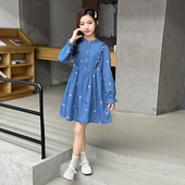 洋气绣花立领长袖 女童连衣裙2025秋季 新款 牛仔裙儿童纯棉公主裙