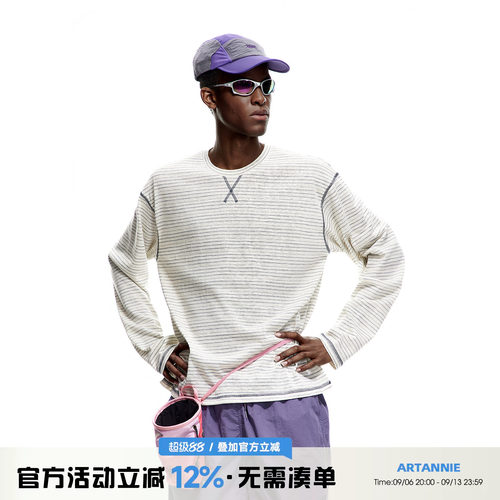ARTANNIE 春秋季哈苏线撞色条纹长袖t恤男休闲宽松情侣打底衫上衣