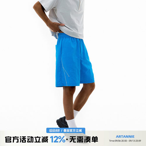 ARTANNIE哈苏线运动短裤男款2026夏季蓝色裤子美式直筒宽松休闲裤
