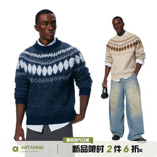 ARTANNIE费尔岛提花毛衣男秋冬季美式情侣圆领套头针织衫保暖外套