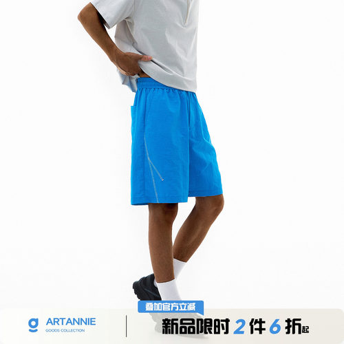 ARTANNIE哈苏线运动短裤男款2026夏季蓝色裤子美式直筒宽松休闲裤