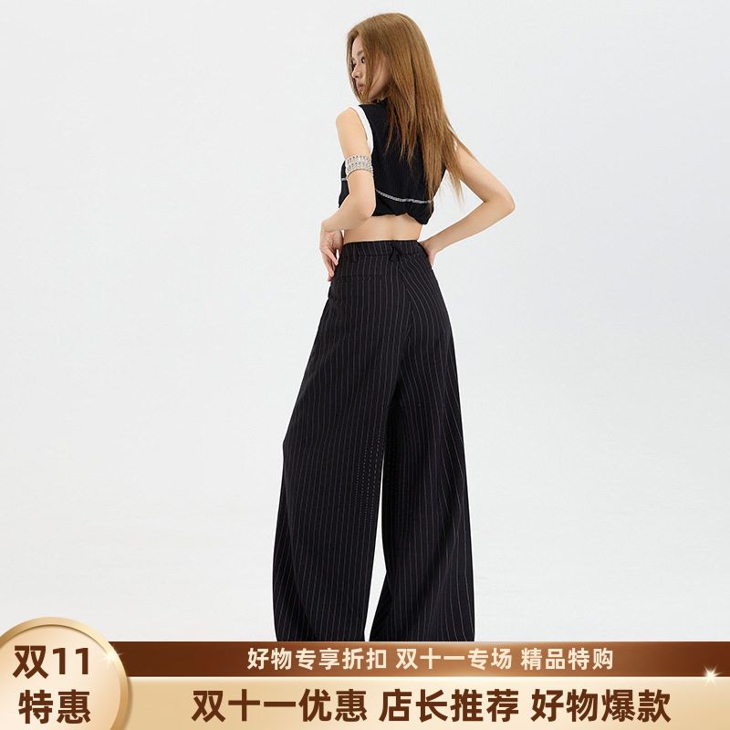 黑色慵懒条纹美洋阔腿裤女2025年春款直筒宽松高腰显瘦垂感休闲裤