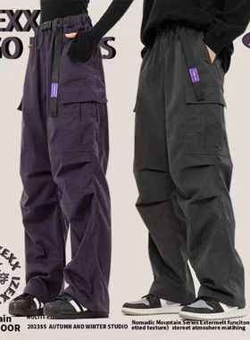 IZEXX美式工装伞兵裤男款春秋弯刀裤高街多口袋直筒冲锋长裤子男