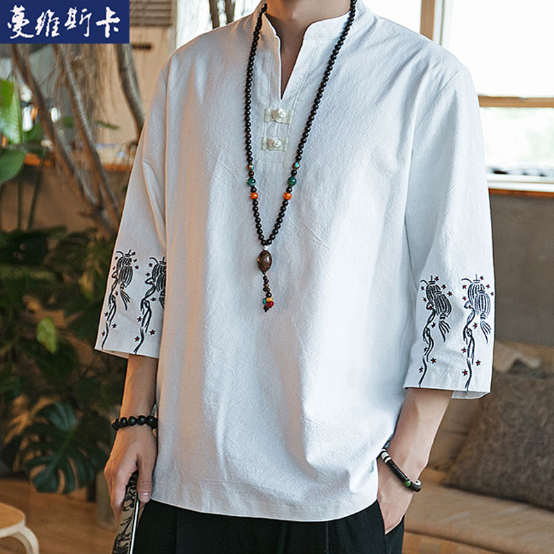 夏季男士薄款七分袖唐装中国风盘扣复古刺绣宽松大码汉服上衣T恤