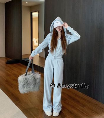 艾米Amy 秋冬新款婴儿绒加厚休闲套装连帽卫衣外套搭长裤女两件套