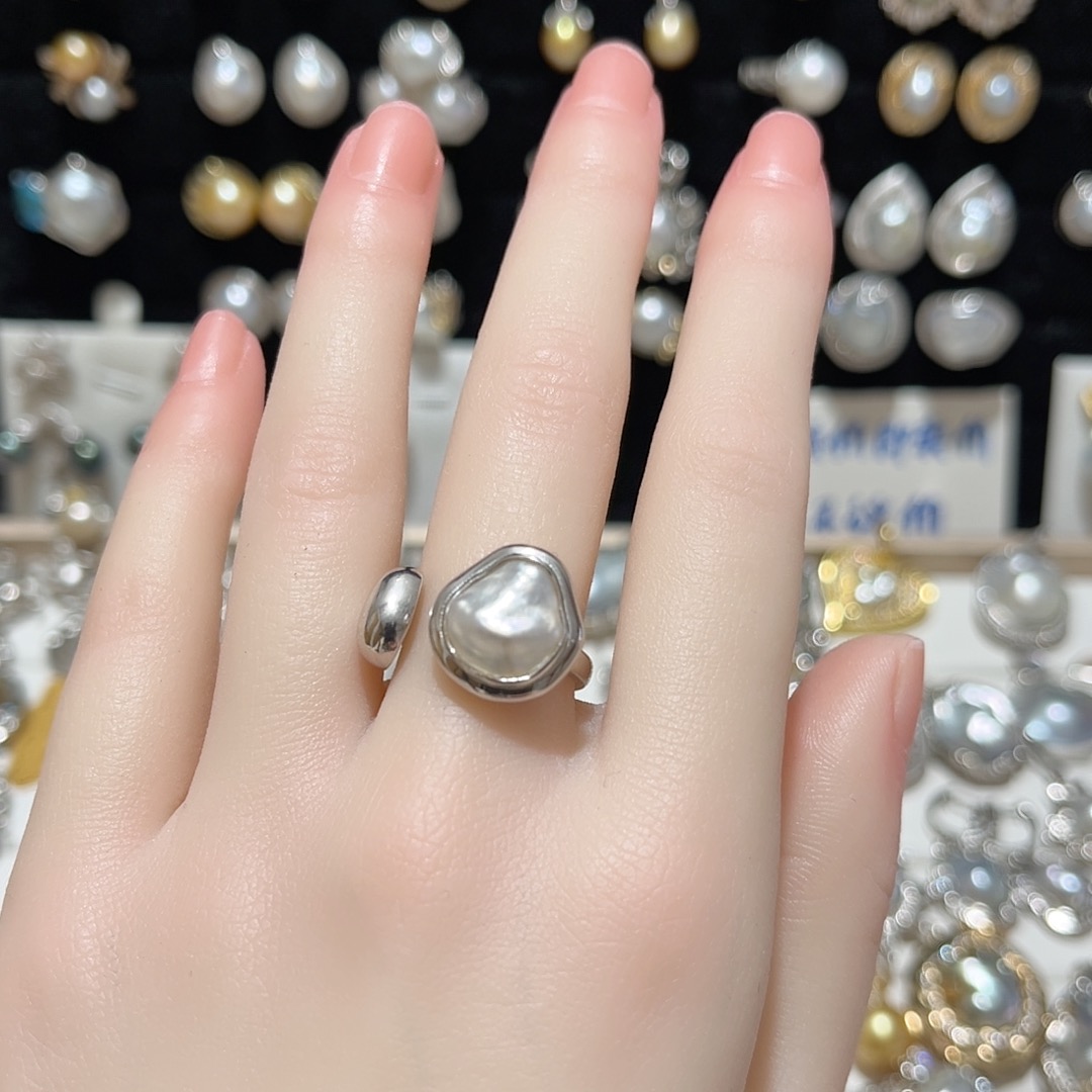 天然海水澳白无核keshi包镶戒指S925银上开口调节圈口