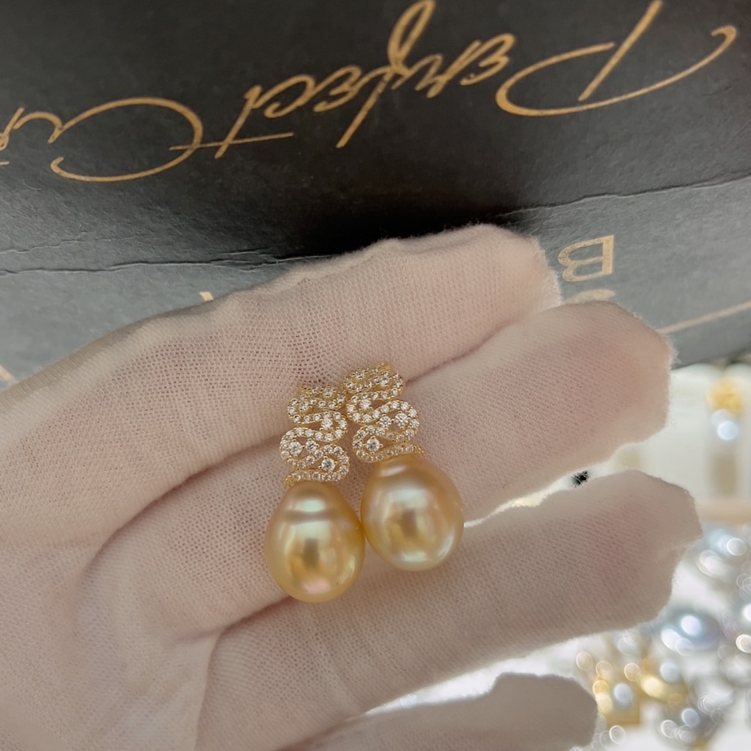 11.5mm天然海水金珠耳钉S925银耳钉