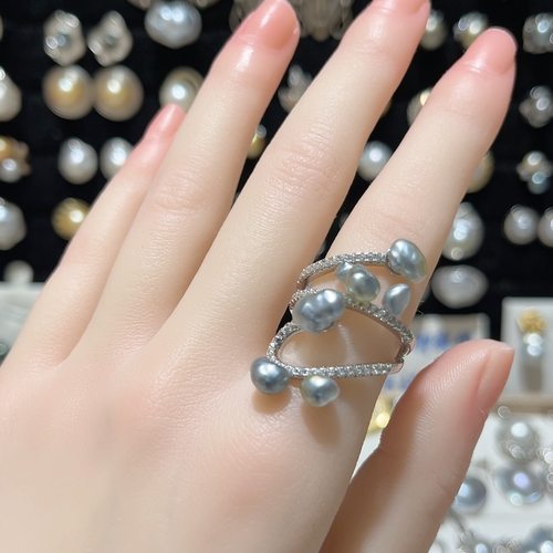 银蓝鎏金澳白keshi多珠戒指S925银下开口调节