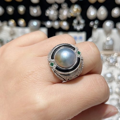 裸珠12.5mm天然海水马贝重工包镶戒指（S925银下开口调节）