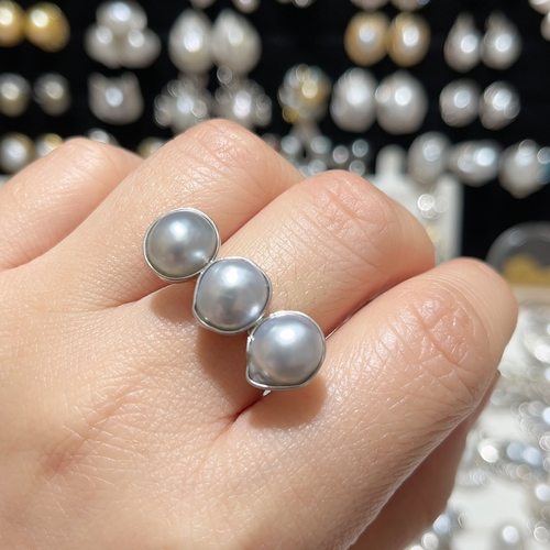 9mm+银蓝澳白巴洛克3珠平衡木包镶戒指S925银下开口调节圈口