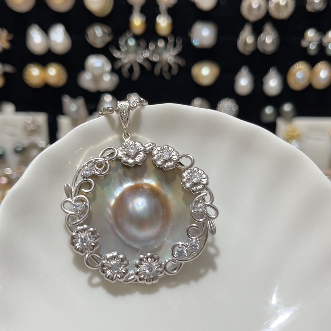 38mm天然海水马贝包镶吊坠（不含链）S925银包镶