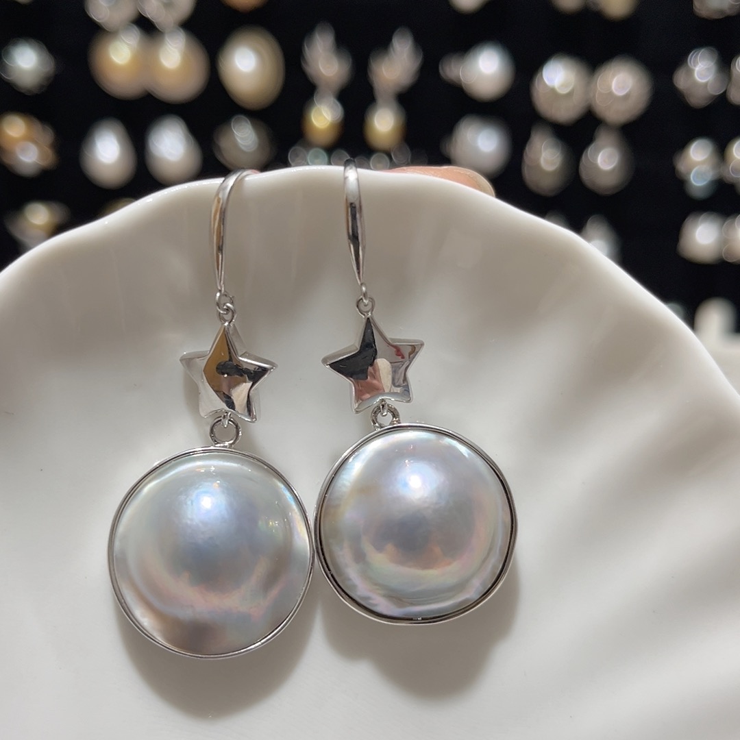 天然海水马贝包镶耳钩S925银包镶