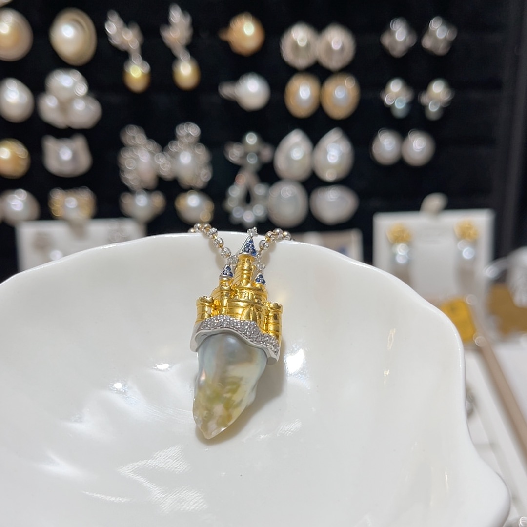 天然海水银蓝鎏金澳巴天空之城城堡S925银包镶吊坠（不含链）