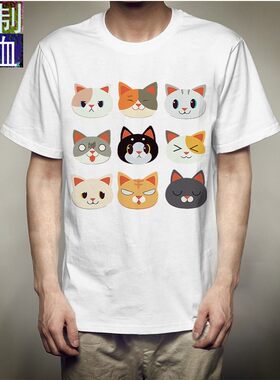 猫咪脸谱印花2021夏季新款圆领白色短袖t恤男女同款ins小众上衣