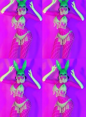 莎莎家0812夜店酒吧派对partyGirl舞蹈队gogo荧光绿色流苏比基尼