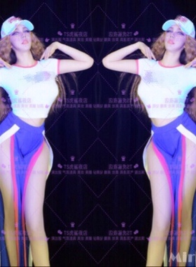 夜店DJ歌手舞队GOGO电音节酒吧LOGO来图定制高叉蓝色长裤演出服