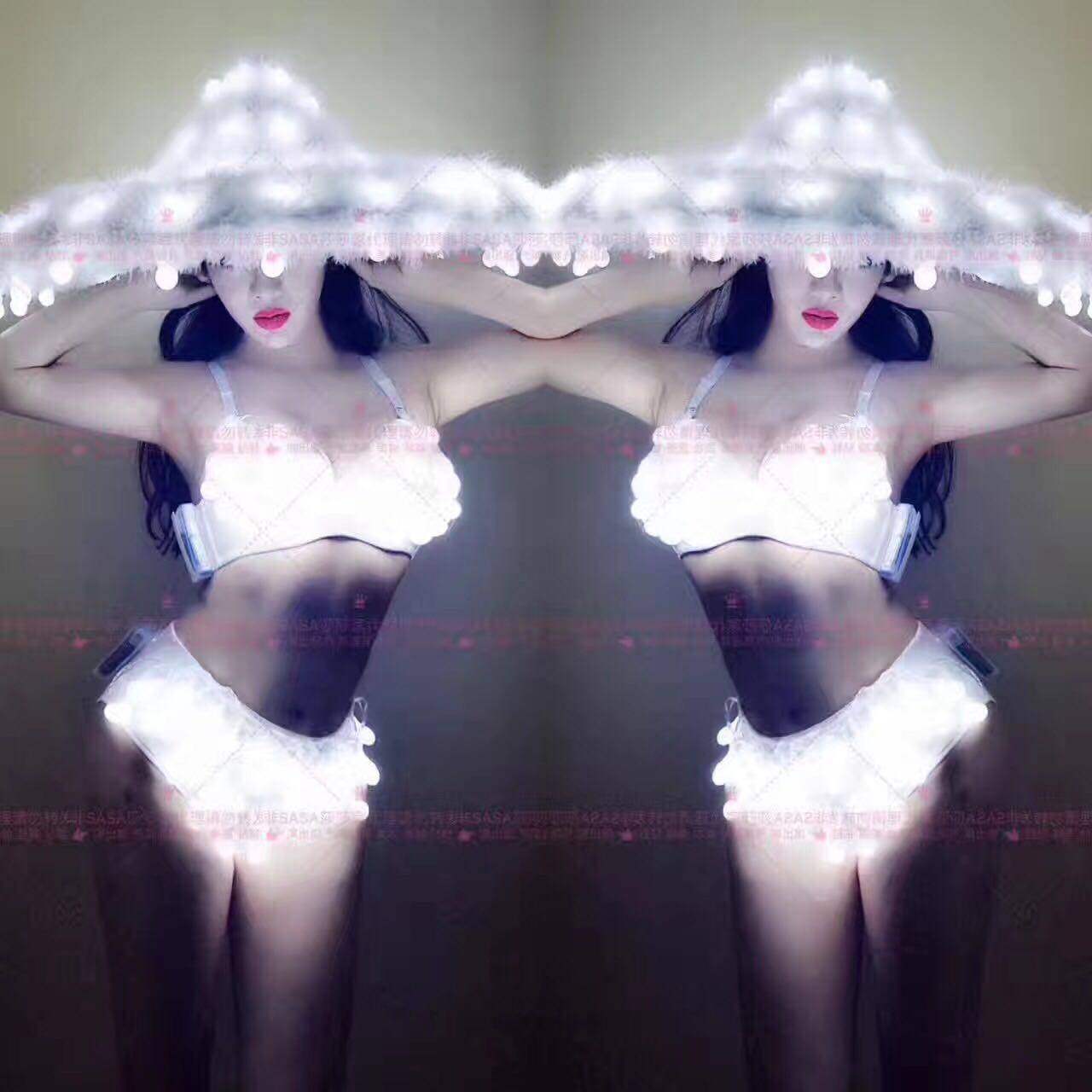 夜店酒吧歌手DJ舞蹈队男女GOGO带灯发亮LED斗笠大帽子演出服套装