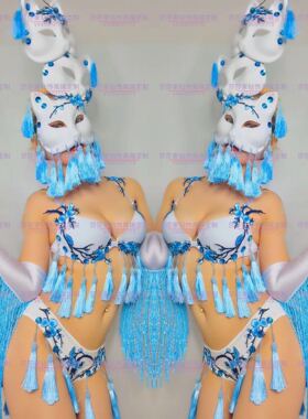 虎鲨夜店酒吧歌手DS舞蹈GOGO性感梅花猫女面具蓝色流苏演出服