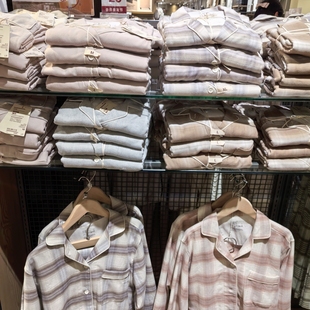 无侧缝秋冬磨毛纯棉厚款 男士 专柜法兰绒睡衣女家居服格子套装 日式