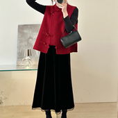 糖安妮 国风盘扣马甲女加绒丝绒裙 中国红中式 新年战袍 2026春季