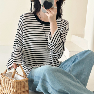 韩版 糖安妮2025秋季 天丝针织衫 慵懒条纹撞色圆领罩衫 宽松休闲 新品