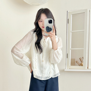 暗香小调 新款 木耳边黑 女薄秋季 通勤显瘦上衣 米色衬衫 糖安妮