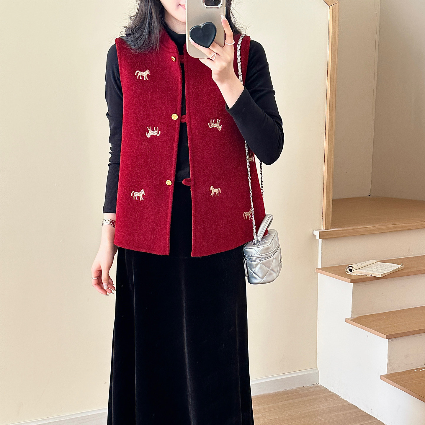 糖安妮【如意拜年服红】红色新中式国风刺绣马甲双面尼手工外套女