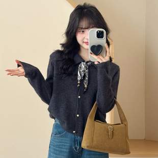 女软糯羊毛毛衣带丝巾上衣 2025秋冬翻领针织开衫 糖安妮 温柔奶