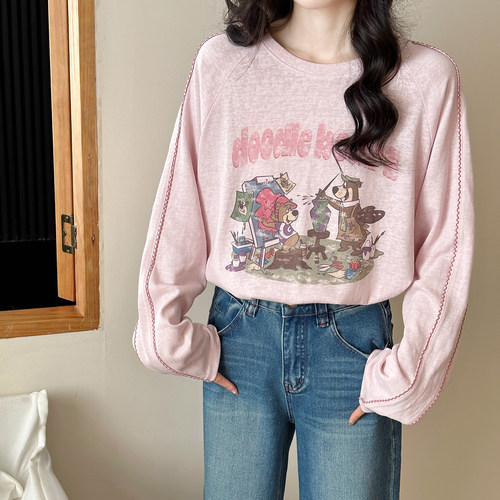 刺绣印花长袖T恤女宽松显瘦