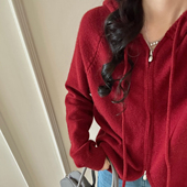 糖安妮 女休闲 酒红色羊毛连帽针织开衫 本命年红色 2026年春款